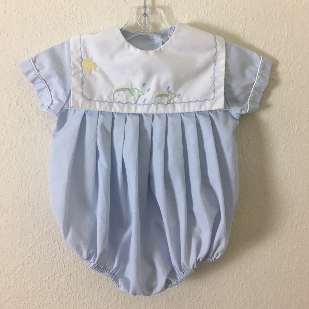 Vintage Baby Blue & White Whales Romper